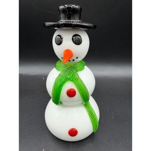 Hand Blown Art Glass Snowman Figurine 6" Green Scarf Black Top Hat Christmas